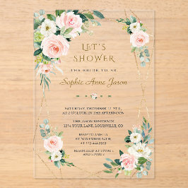 Elegant Pink White Floral Gold Frame Bridal Shower Acryleinladungen