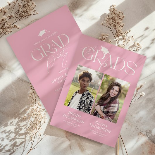 Elegant Pink & White Joint Graduation Party Photo Einladung