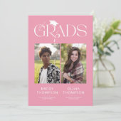 Elegant Pink & White Joint Graduation Party Photo Einladung (Stehend Vorderseite)