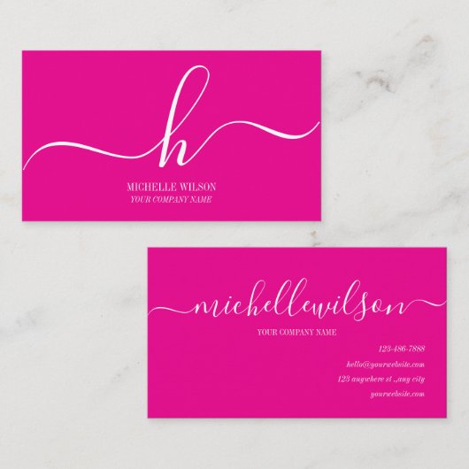 Elegant Pink White Monogram Initial Script Name  Visitenkarte (Vorne/Hinten)