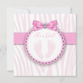 Elegant Pink Zebra Pink Footprint Baby Shower Einladung (Vorderseite)