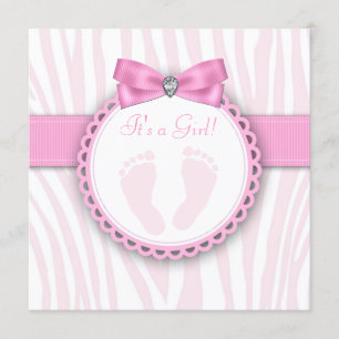 Elegant Pink Zebra Pink Footprint Baby Shower Einladung