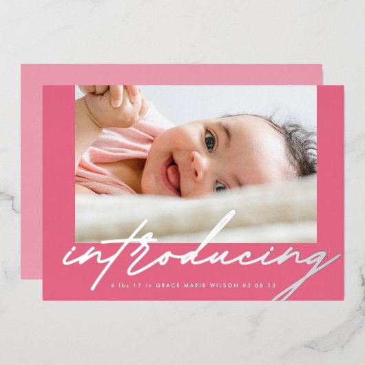 Elegant Pinks Silver Einführung Foto Baby Folieneinladung (Vorderseite/Rückseite)