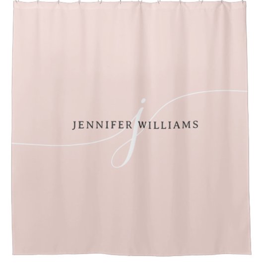 Elegant Plain Blush Pink White Script Monogram Duschvorhang (Vorderseite)