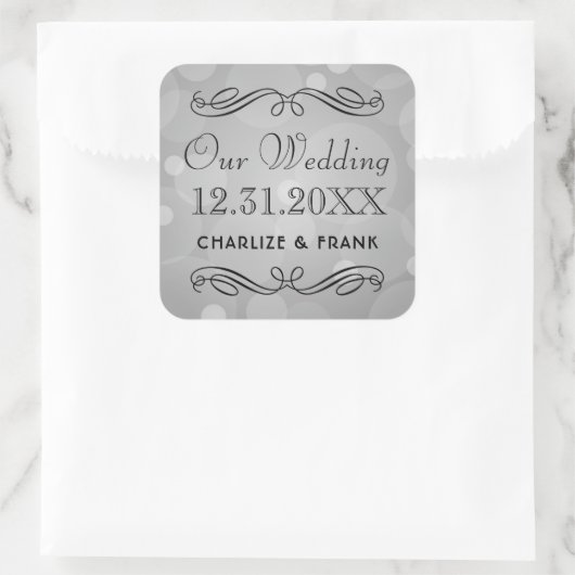 Elegant Platinum Gray Wedding Monogram Quadratischer Aufkleber (Tasche)