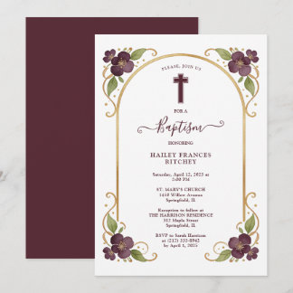Elegant Plum Floral Gold Arch Baptism Celebration  Einladung