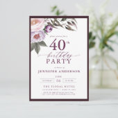 Elegant Plum Lila Blumenschrift 40. Geburtstag Einladung (Stehend Vorderseite)