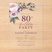Elegant Plum Lila Blumenschrift 80. Geburtstag Acryleinladungen (Vorderseite)