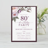 Elegant Plum Lila Blumenschrift 80. Geburtstag Einladung (Stehend Vorderseite)