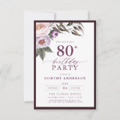 Elegant Plum Lila Blumenschrift 80. Geburtstag Einladung (Vorderseite)