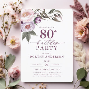 Elegant Plum Lila Blumenschrift 80. Geburtstag Einladung
