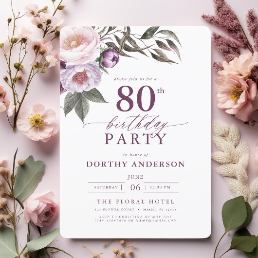 Elegant Plum Lila Blumenschrift 80. Geburtstag Einladung