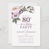Elegant Plum Lila Blumenschrift 80. Geburtstag Einladung (Vorderseite)
