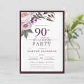 Elegant Plum Lila Blumenschrift 90. Geburtstag Einladung (Stehend Vorderseite)