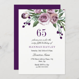 Elegant Plum Lila Rose 65. Geburtstag Einladung