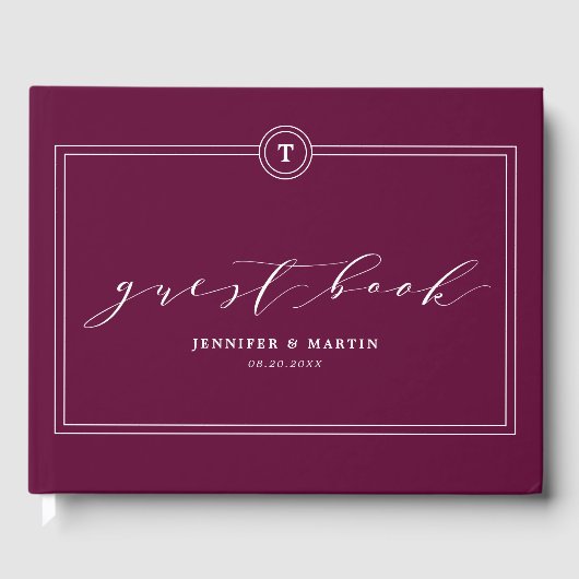 Elegant Plum Monogram Calligraphy Wedding Gästebuch (Vorderseite)