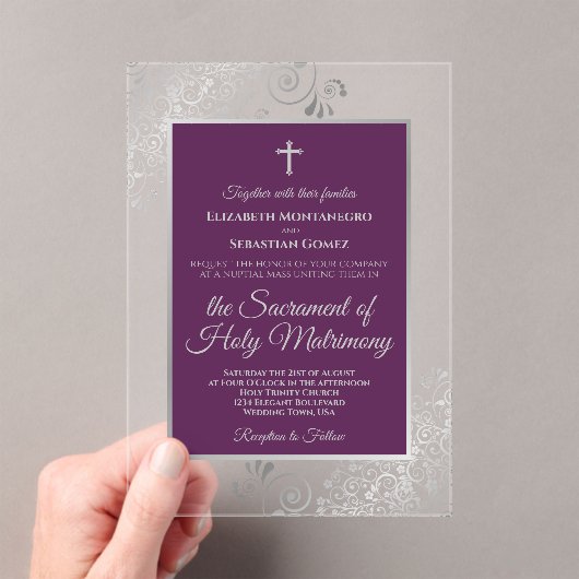 Elegant Plum Purple & Silver Catholic Wedding Acryleinladungen (Insitu (Handheld))