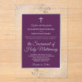 Elegant Plum Purple & Silver Catholic Wedding Acryleinladungen (Vorderseite)