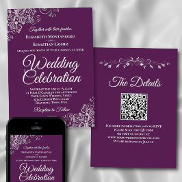 Elegant Plum Purple & Silver QR Code Wedding Einladung