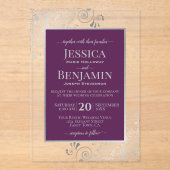 Elegant Plum Purple & Silver Stylish Text Wedding Acryleinladungen (Vorderseite)