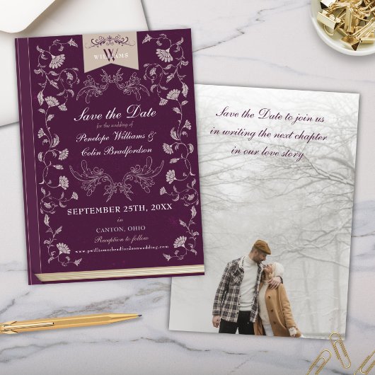Elegant Plum Tan Book Cover Wedding Save the Date Einladung