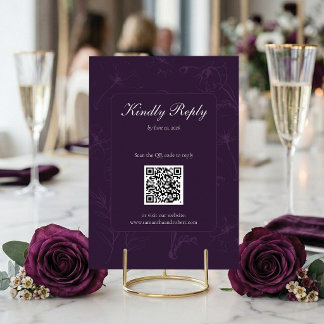 Elegant PlumPurple Floral Line Art QR Code Wedding RSVP Karte