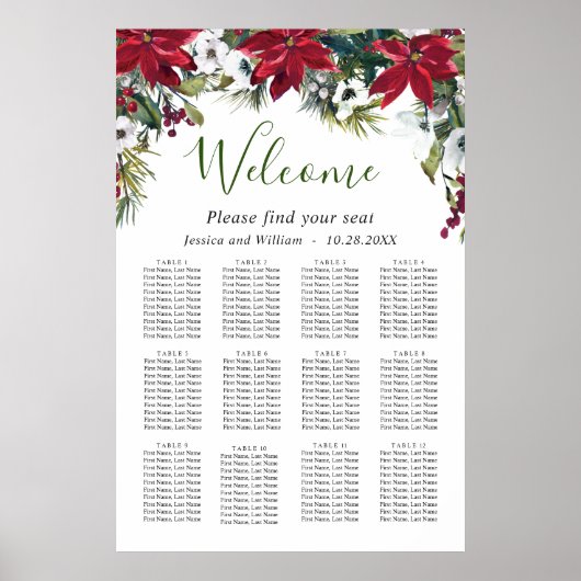 Elegant Poinsettia 12 Tische Hochzeitssaison CHART Poster (Vorne)