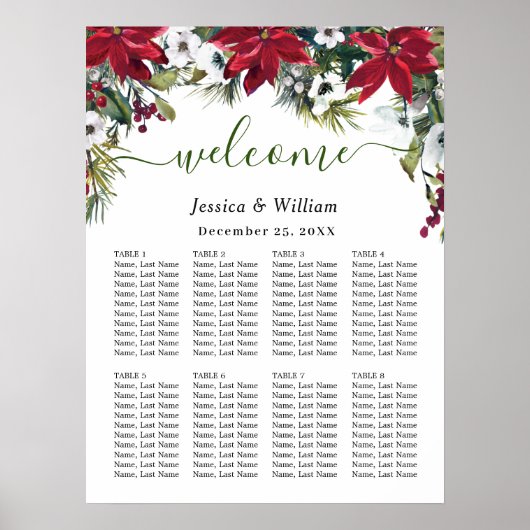 Elegant Poinsettia 8 Tische Hochzeitssaison CHART Poster (Vorne)