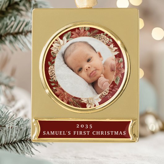 Elegant Poinsettia Baby's First Christmas Photo Banner-Ornament Gold