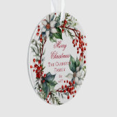 Elegant Poinsettia Berries Wreath Frohe Weihnachte Ornament (Vorderseite)