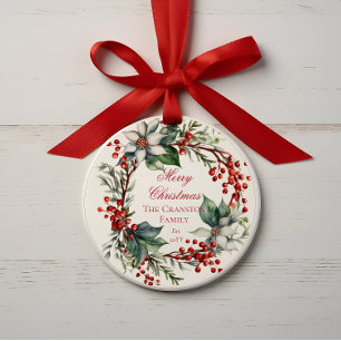 Elegant Poinsettia Berries Wreath Frohe Weihnachte Ornament