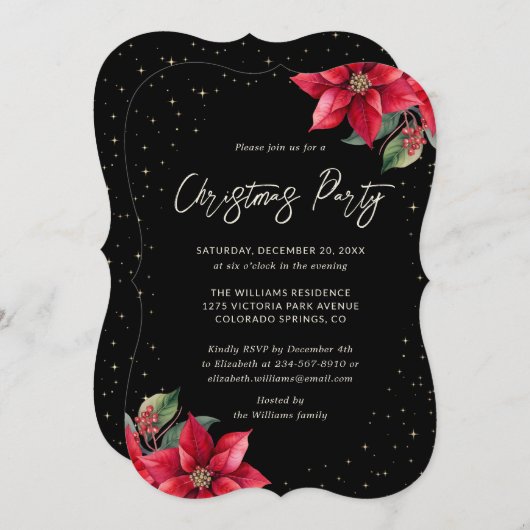 Elegant Poinsettia Black Christmas Party Einladung (Vorne/Hinten)