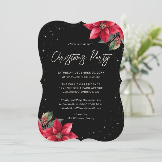 Elegant Poinsettia Black Christmas Party Einladung (Stehend Vorderseite)