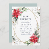 Elegant Poinsettia Eucalyptus Pine Fur Wedding Save The Date (Vorne/Hinten)