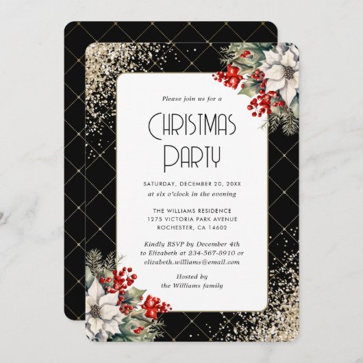 Elegant Poinsettia Holly Berries Christmas Party Einladung (Vorne/Hinten)
