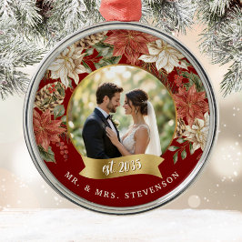 Elegant Poinsettia Newlywed Mr. & Mrs. Foto Ornament Aus Metall