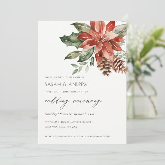 Elegant Poinsettia Pine Cone Wedding Einladung (Stehend Vorderseite)