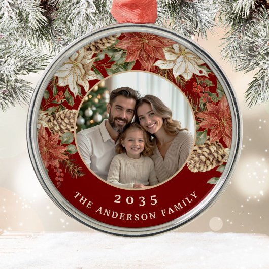 Elegant Poinsettia Rich Red Family Foto Ornament Aus Metall