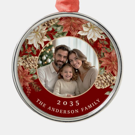 Elegant Poinsettia Rich Red Family Foto Ornament Aus Metall (Vorne)