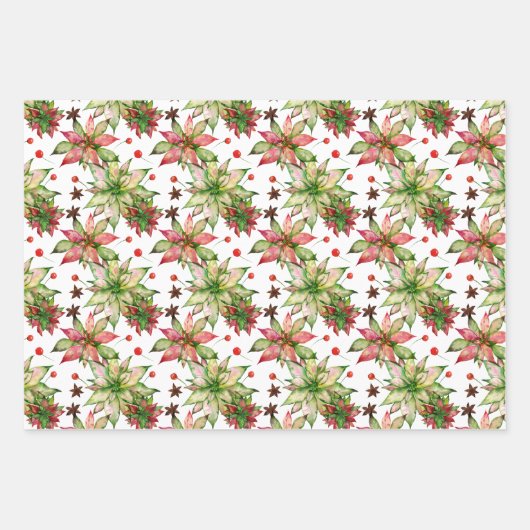 Elegant Poinsettia und Berries Geschenkpapier Set (Vorderseite)