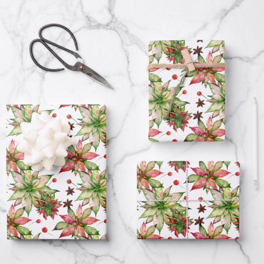 Elegant Poinsettia und Berries Geschenkpapier Set (Vorderseite)