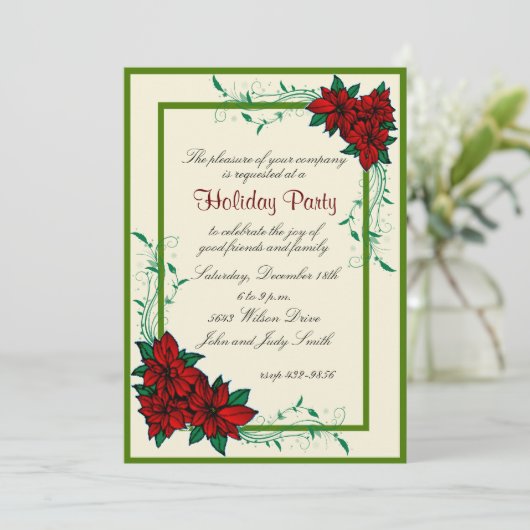 Elegant Poinsettia Weihnachtsfeier Party Einladung (Stehend Vorderseite)
