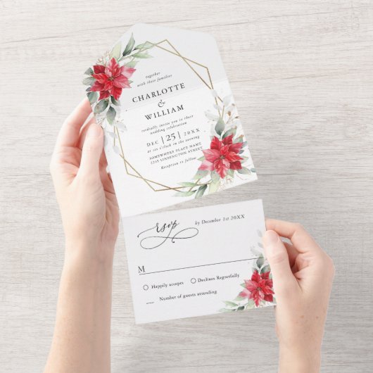Elegant Poinsettia Winter Greenerity Wedding All In One Einladung (Abreißen)
