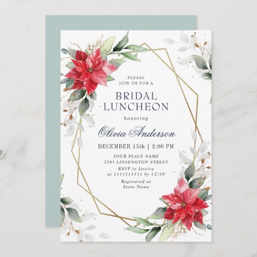Elegant Poinsettia Winter Greenery BRIDAL LUNCHEON Einladung (Vorne/Hinten)