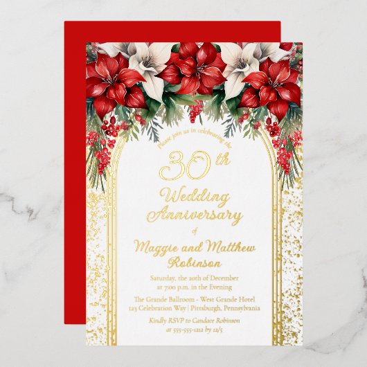 Elegant Poinsettias 30. Hochzeitstag Folieneinladung (Vorderseite/Rückseite)