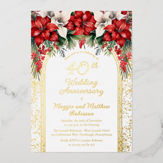 Elegant Poinsettias 40. Hochzeitstag Folieneinladung (Vorderseite)
