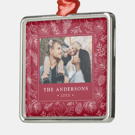 Elegant Poinsettias and Pinecones Foto Ornament Aus Metall (Links)