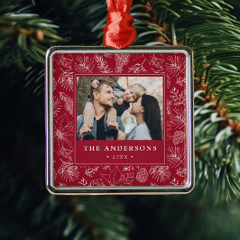Elegant Poinsettias and Pinecones Foto Ornament Aus Metall