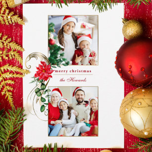 Elegant Poinsettias & Gold Scrolls 2-Foto Feiertagskarte