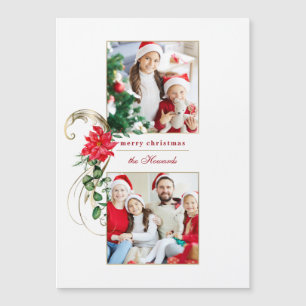 Elegant Poinsettias & Gold Scrolls 2-Foto Magnetkarte